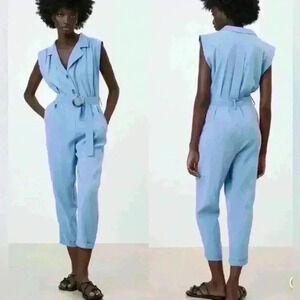 Zara  Cupro Sleeveless Collared Button Front Belted Jumpsuit Blue size XS